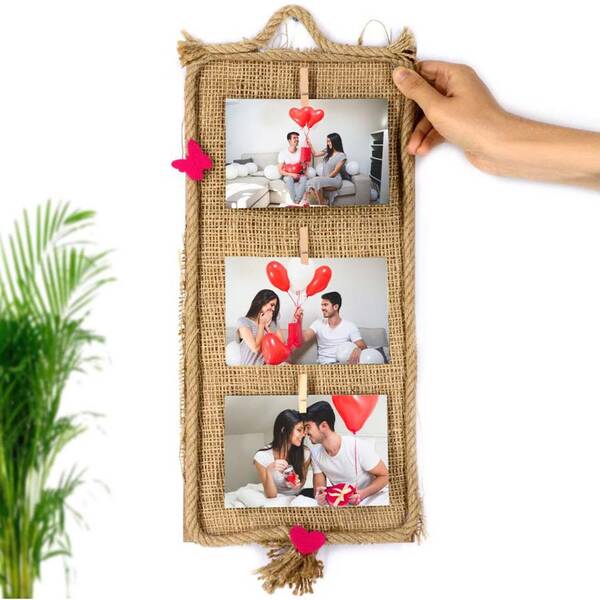 Dekoratif Hasırlı İpli Mandallı 3 Fotoğraflı Çerçeve - 1