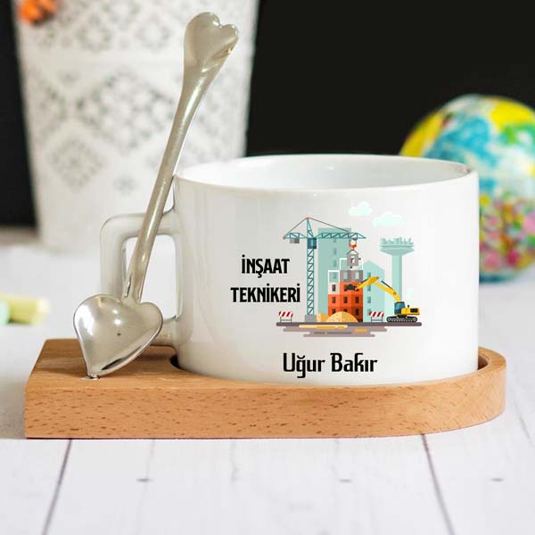 İnşaat Teknikeri Ahşap Altlıklı Lüks Fincan Seti - 1