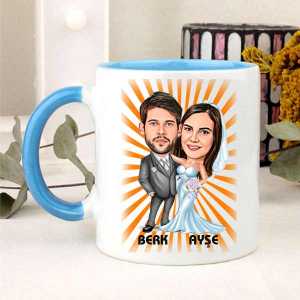Kişiye Özel Gelin Damat Karikatürlü Kupa Bardak - 3