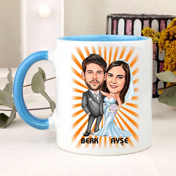 Kişiye Özel Gelin Damat Karikatürlü Kupa Bardak - 3
