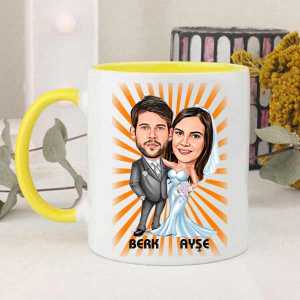 Kişiye Özel Gelin Damat Karikatürlü Kupa Bardak - 5