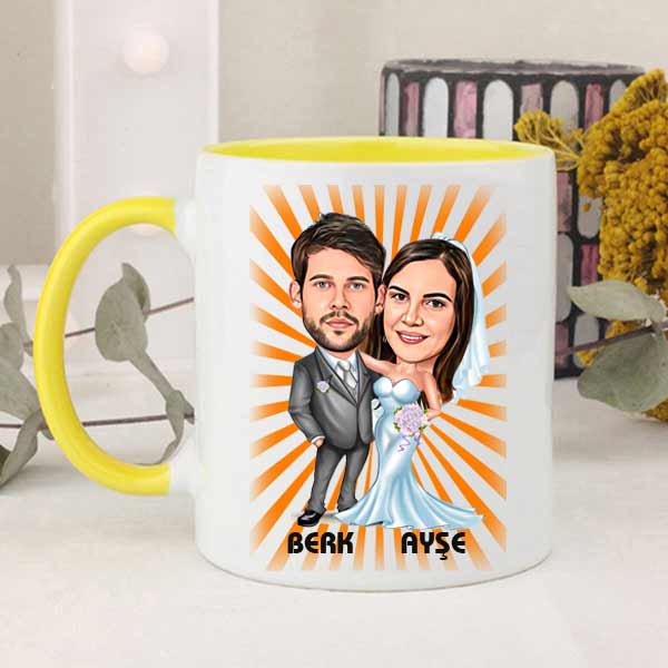 Kişiye Özel Gelin Damat Karikatürlü Kupa Bardak - 5