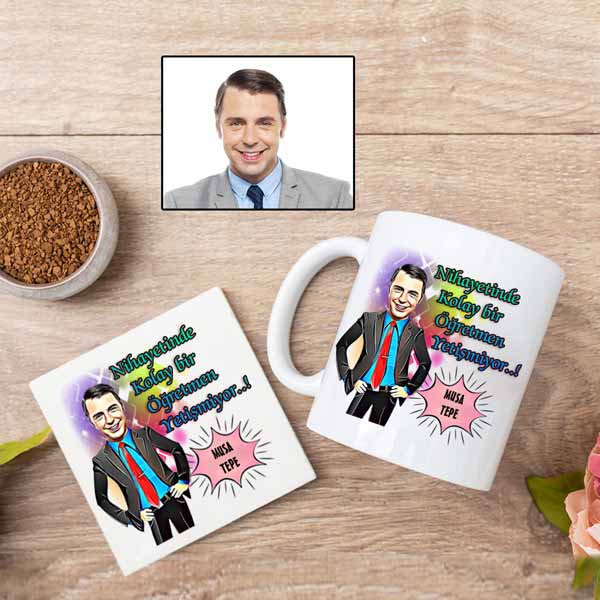 Kişiye Özel Öğretmen Karikatürlü Kupa Bardak ve Altlık - 1
