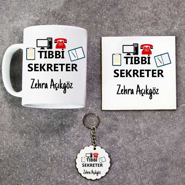 Tıbbi Sekreter Kupa Bardak Altlık ve Anahtarlık Hediye Seti - 1